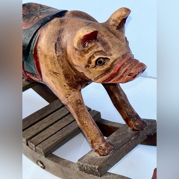 Vintage Wooden Rocking Pig Hog Rocker Folk Art Painted & Carved *Collectible - Picture 13 of 15